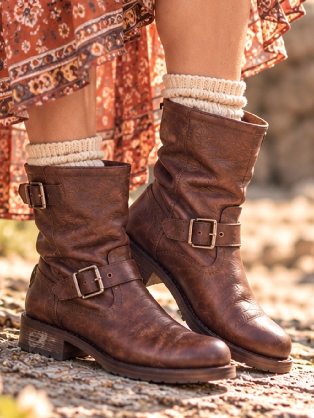 Frye Brown Leather Buckle Booties Boho Western Women's Size 6 B EUC